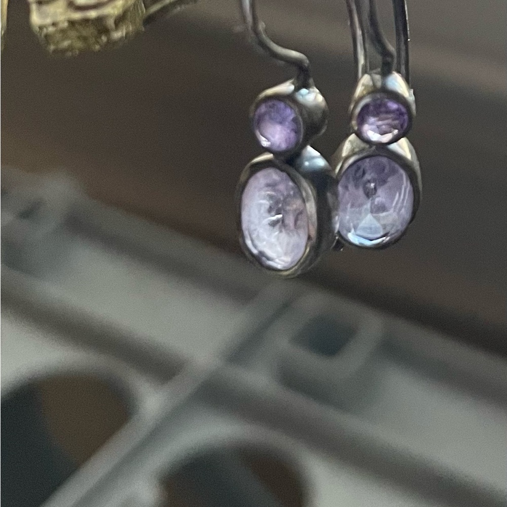 Drop Earrings, purple color stone, 1 in length